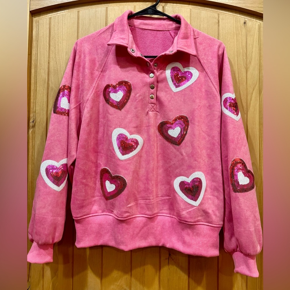 Pink Valentine top with sequined hearts.